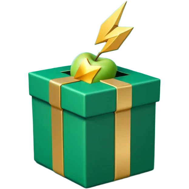 3D minimal open gift box with small floating icons coming out (envelope, lightning bolt, sparkle), matte finish, deep green (#0B3D2C) box, gold (#C9B037) icons, Apple style, ultra minimal, soft shadow, transparent background emoji