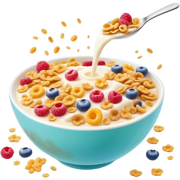 Cinematic crunchy cereal, vibrant and colorful, splashing into a bowl of cold milk, soft glowing background, dynamic movement, playful and inviting, nostalgic and fun. emoji