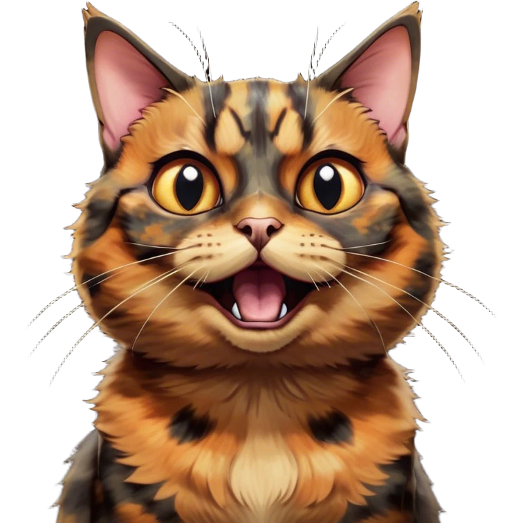 Cinematic Comical Tortoiseshell Cat Portrait Emoji, Head cocked dramatically with an over-the-top shocked expression, featuring a rich mottled fur of browns and blacks and wide, comically animated eyes full of playful disbelief, simplified yet hilariously detailed, glowing with a bold, sassy radiance, high shine, exuding a mischievous and spirited charm, styled with a soft glowing outline, capturing the essence of a tortoiseshell cat that appears ready to burst into comical antics! emoji