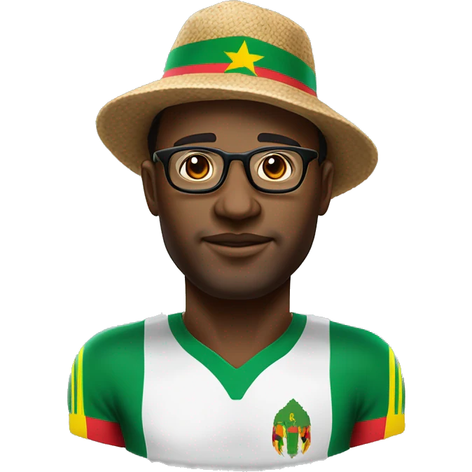 Africain d'environ 30 ans avec le maillot du Cameroun avec des lunettes et un chapeau emoji
