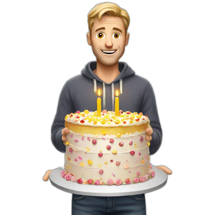 A White man offering a huge birthday cake emoji