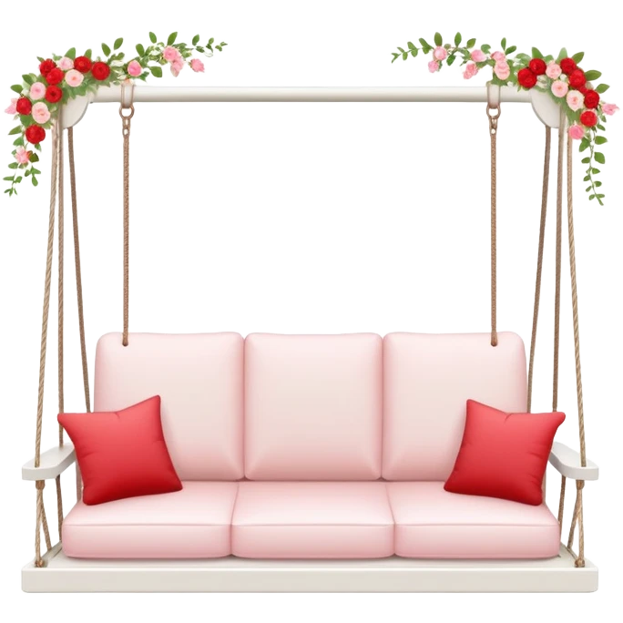 Romantic white wooden pastel-red cushions couch-swing with tiny flowers around emoji