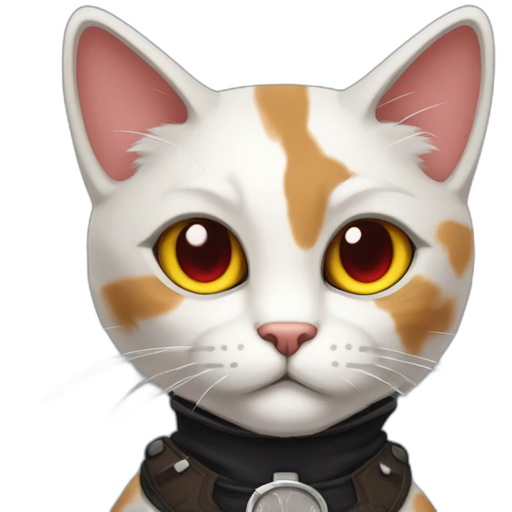 Halloween Meowscles is a buff humanoid calico  cat  he has a shadow design with black  jeans and red crimson  eyes emoji