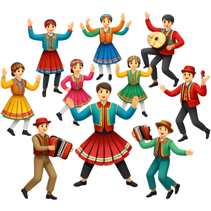 Humanless Icon for Folk Dance: traditional dance shoes, colorful folk costumes, and a dance circle with ribbons and musical instruments like a tambourine or accordion. The icon should represent the vibrant and cultural aspects of folk dancing. Transparent background. emoji
