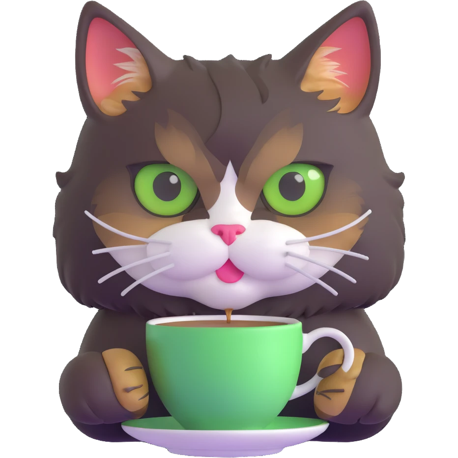 tricolor fluffy cat with big green eyes drinking a cup of coffee emoji