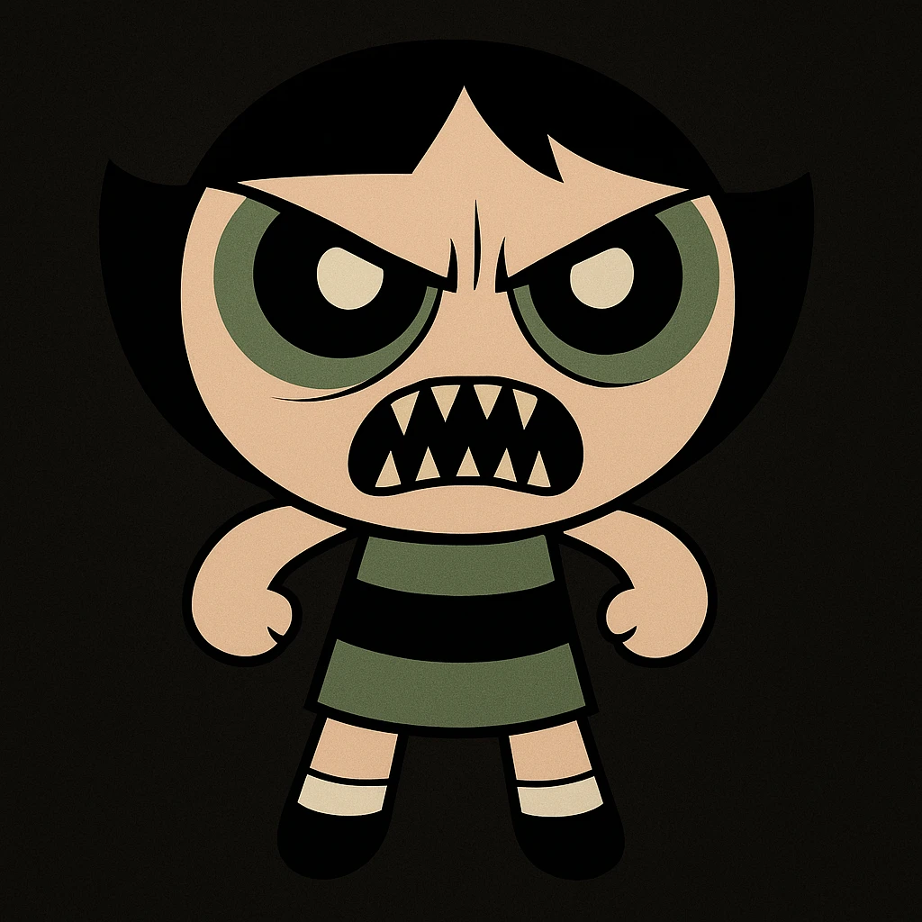 Make Buttercup from Powerpuff Girls scary like the reference, with a menacing face, sharp teeth, intense eyes, but keep her signature green dress and short hair, cartoon style, black background. emoji