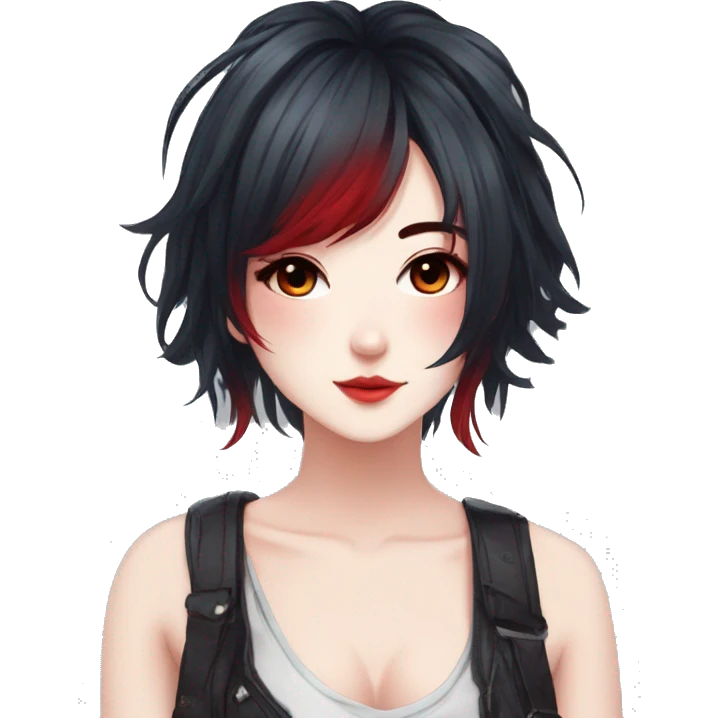 Gorgeous anime style lady with blushing face aesthetic and pretty edgy black red punk hair with hair garment trending style emoji