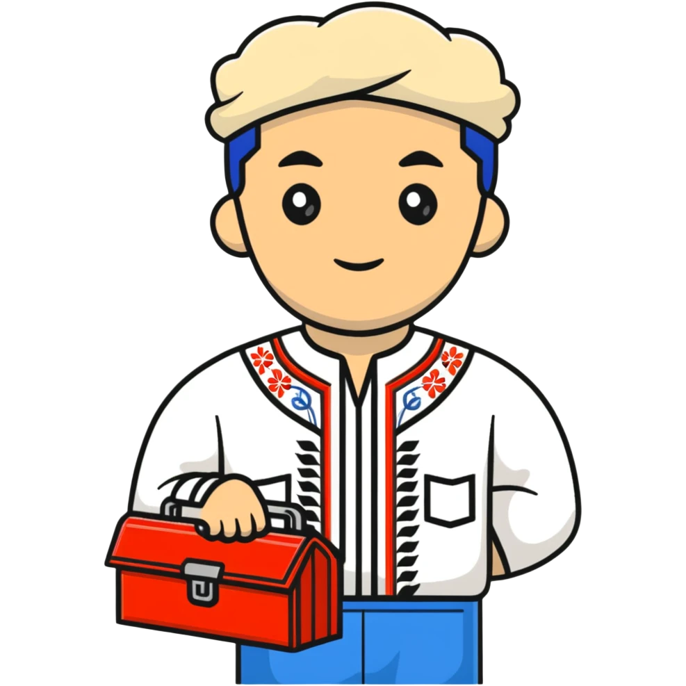 Ukrainian man in traditional embroidered vyshyvanka shirt holding a toolbox emoji