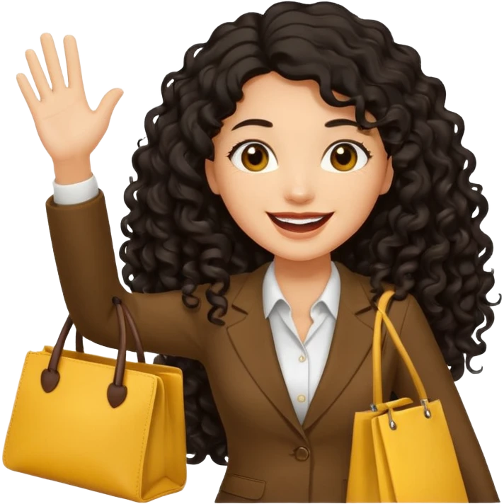 medium deep tan brown business woman with long black curly hair, waving hand with happy face with smile mouth and carrying bag on her shoulder and the other hand holding yellow tumblr emoji