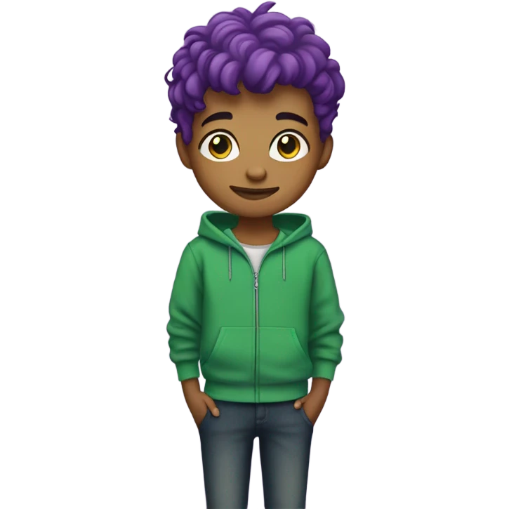Purple hair boy green zipper sweatshirt tatto emoji
