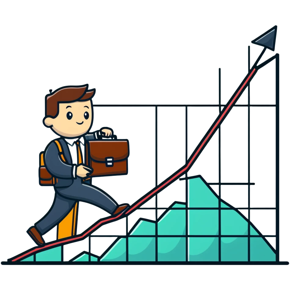 Happy entrepreneur climbing up a business chart graph with briefcase emoji