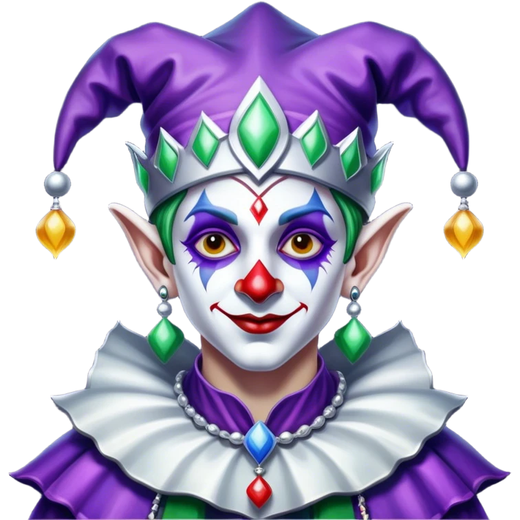 Full view, Cinematic and Ultra realistic 32k HD hauntingly beautiful jester with Balanced features, highly detailed, glowing with silver light, high shine, remembrance, a painting of white silver, fanciful, enchanting. The image is so lifelike it could leap off the canvas at any moment emoji