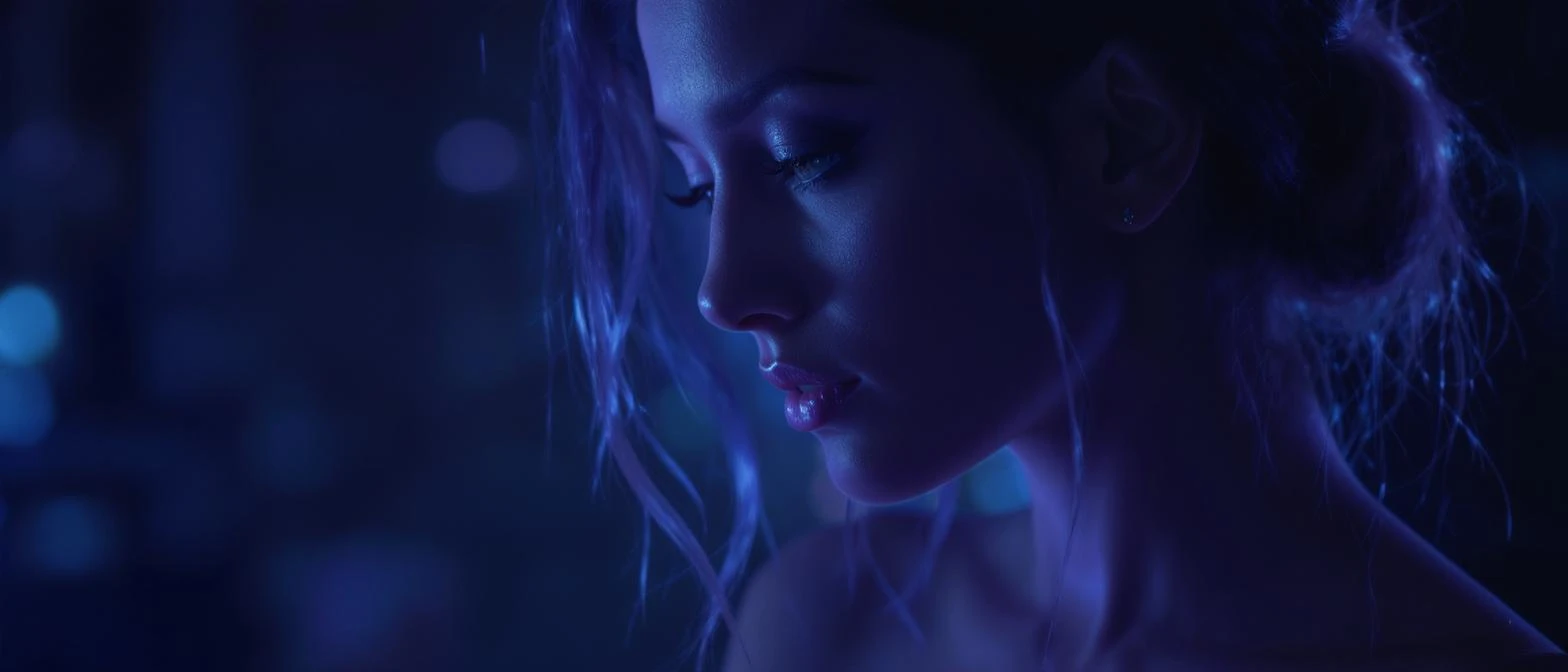 Extreme Closeup photo of a beautifull woman, cinematic light, Blue light ambient light, back light, 8K, very detailed, sharp emoji
