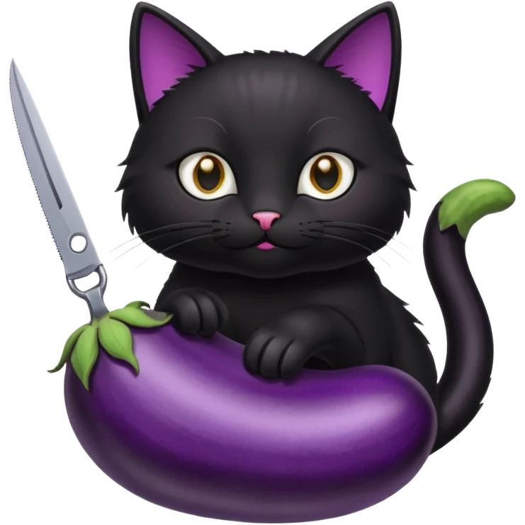A black cat with scissors cutting an egg plant￼ emoji