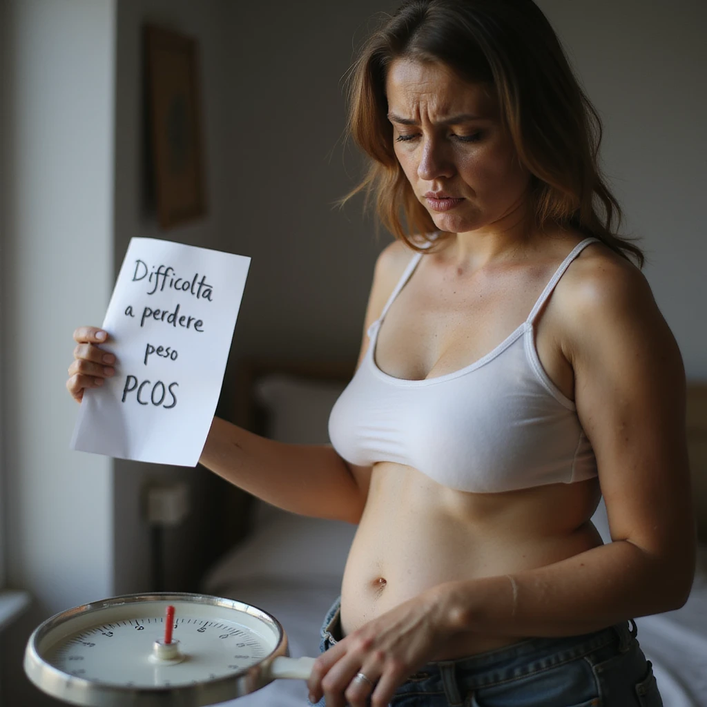hyperrealistic 4K detailed image of a woman with PCOS, face with acne and chin hair, thin hair, slightly overweight body on abdomen and hips, frustrated expression while weighing herself on a scale, next to her a paper with the words 'Difficoltà a perdere peso' and 'PCOS', domestic environment emoji