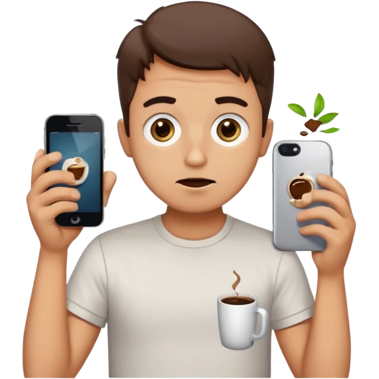 clumsy ordinary guy in classic emoji style, round head, huge shiny eyes, small mouth, awkward expression, spilled coffee on shirt, holding broken phone, thick black outline, flat vibrant colors, Apple emoji aesthetic, white background, very simple and cute emoji