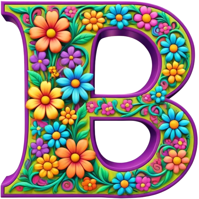 3D, gothic style psychedelic colored capital Letter “L” with hippie style flower border emoji