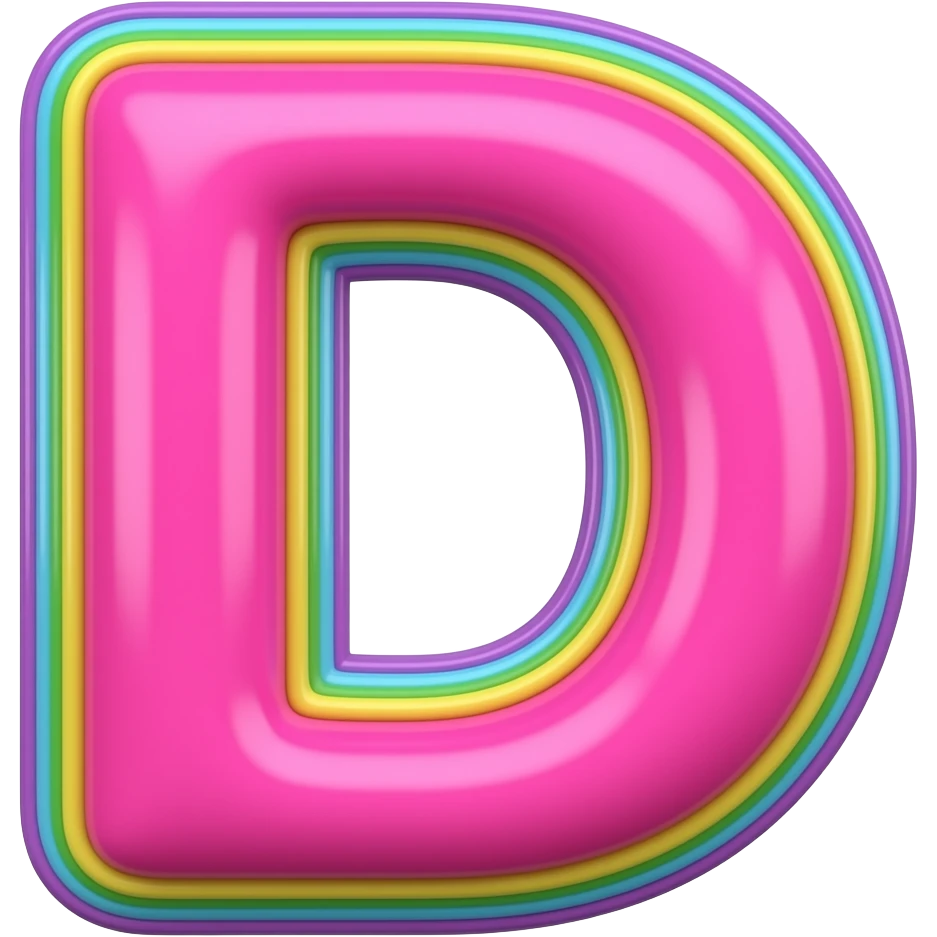 name "J" in neon pink, 3D style typography lettering, each color of the rainbow as a border outlined around each letter, isolated, 3d rendering, no emoji icons no emoji faces and must have no human figures emoji
