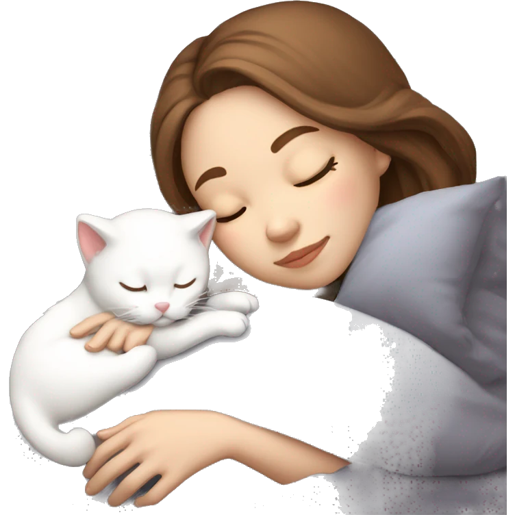 White girl brown hair sleeping with white kitty emoji