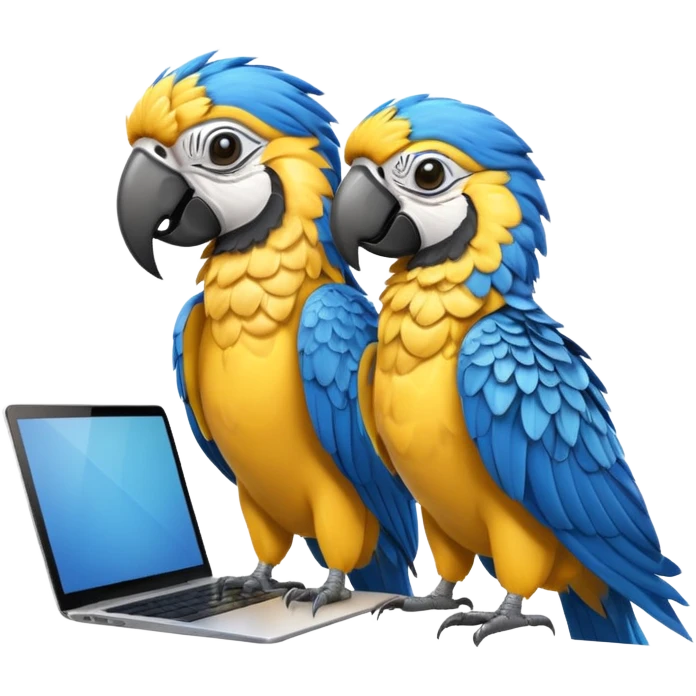 Two yellow and blue macaws using a laptop emoji