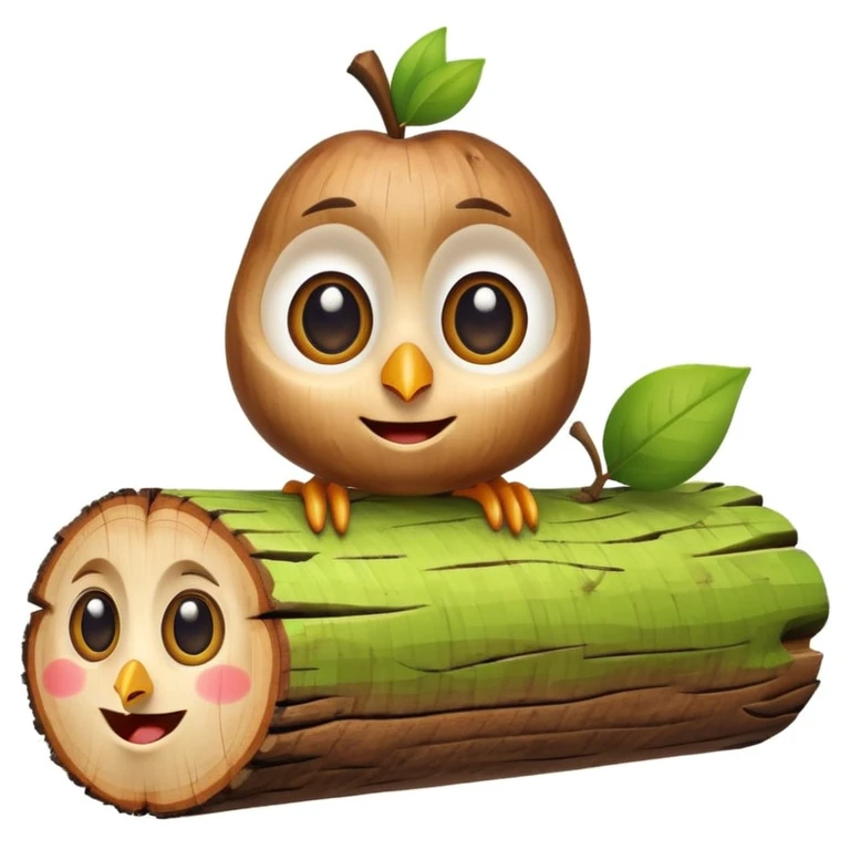 caricature of a smiling wooden log with big eyes, small bird perched on top, apple emoji style, white background, cute and colorful emoji