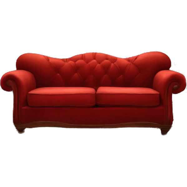 Red vintage-style sofa in Central Perk, soft velvet, worn look, cozy and inviting emoji