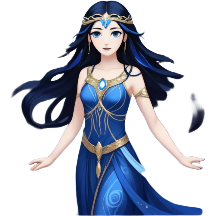 tall, ethereal goddess with glowing blue-white skin, long flowing black hair, glowing white eyes, and large shadowy wings. She wears a sleek, ancient Greek-style gown in deep midnight tones. Dark cosmic energy swirls around her, with stars and shadows trailing from her presence.” emoji