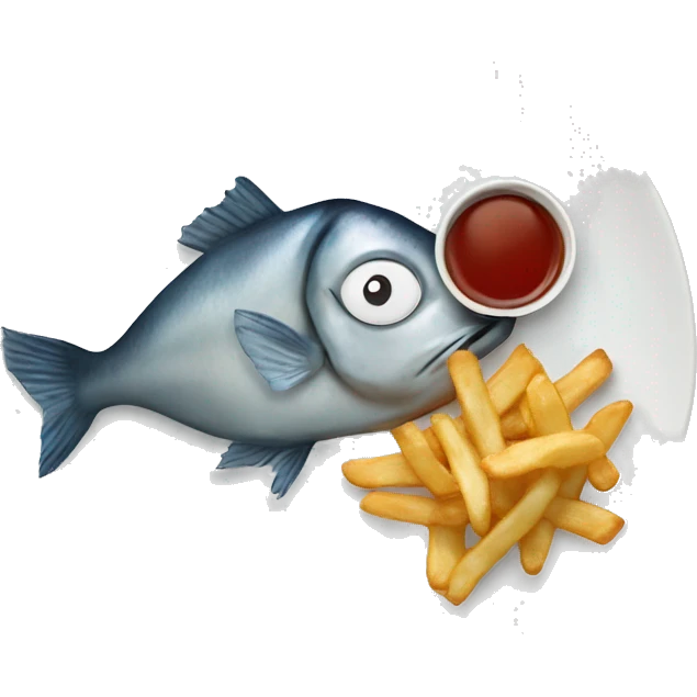 fish and chips on the plate. the ketcups are on the middle of the plate with no real eyes emoji