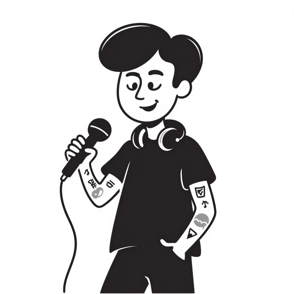 pop musician with stylish short beard, sleeve tattoos, headphones around neck, enthusiastic smile, gripping microphone with left hand and pencil with right hand emoji