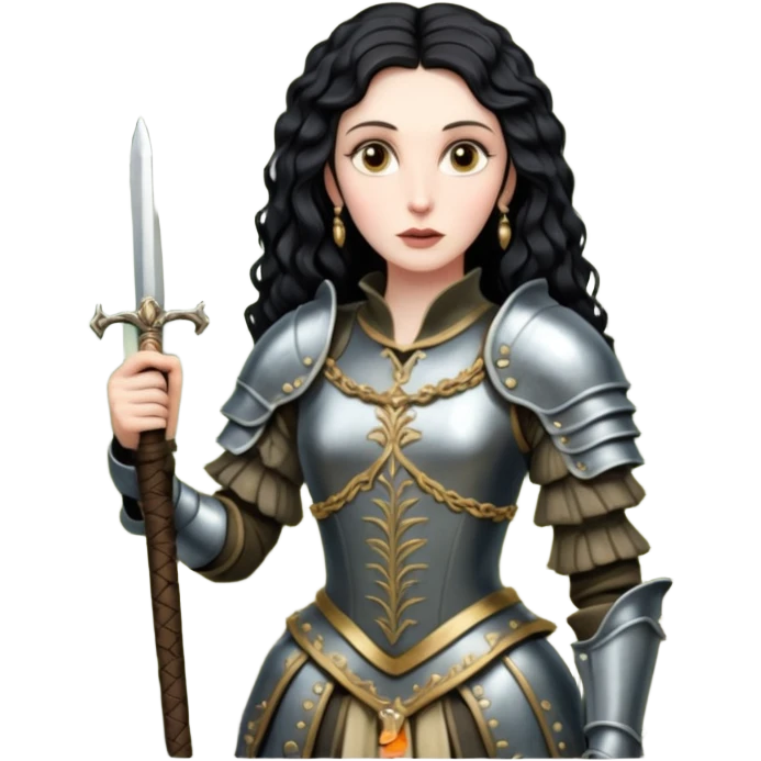 realistic cinematic actress Cher in baroque styling with dirty armor in a forest emoji