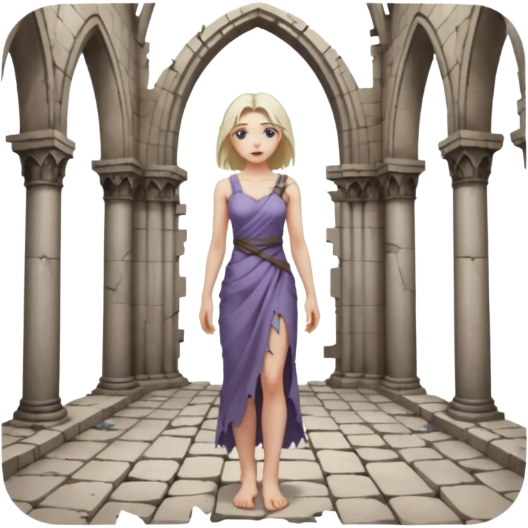 Female figure standing barefoot in ruined cathedral, dress slipping from shoulder emoji