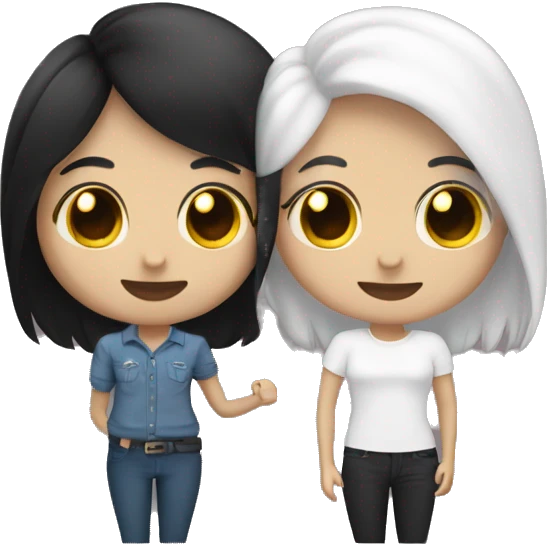 A lesbian couple with white skin and long black hair flirting emoji