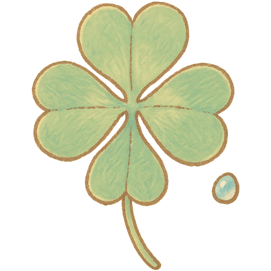 four-leaf clover, pastel Japanese hand-drawn sticker style, full object, transparent background, with a tiny dew drop emoji