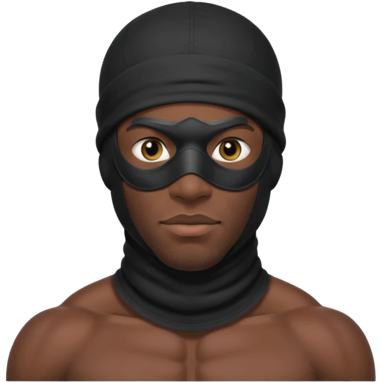 smug muscular african male black ski mask wearing guy with no top. wears a full ski mask with only eyes revealed emoji