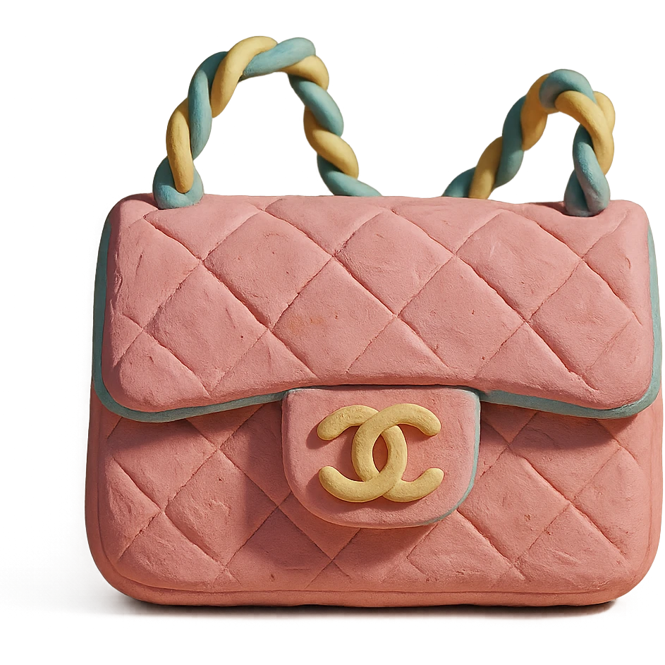 pink Chanel purse, claymation style, soft pastel colors, visible fingerprints, playful look emoji