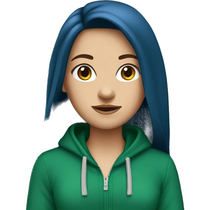 white girl with dark blue long hair wearing unzipped green hoodie emoji