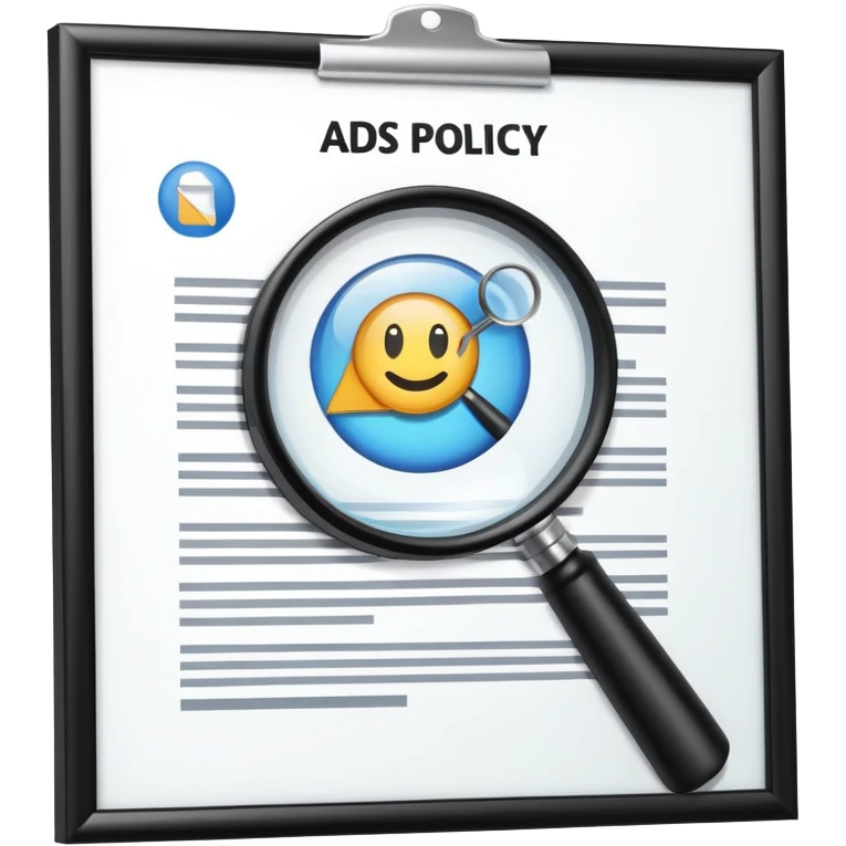 Ads policy document with a magnifying glass examining it emoji