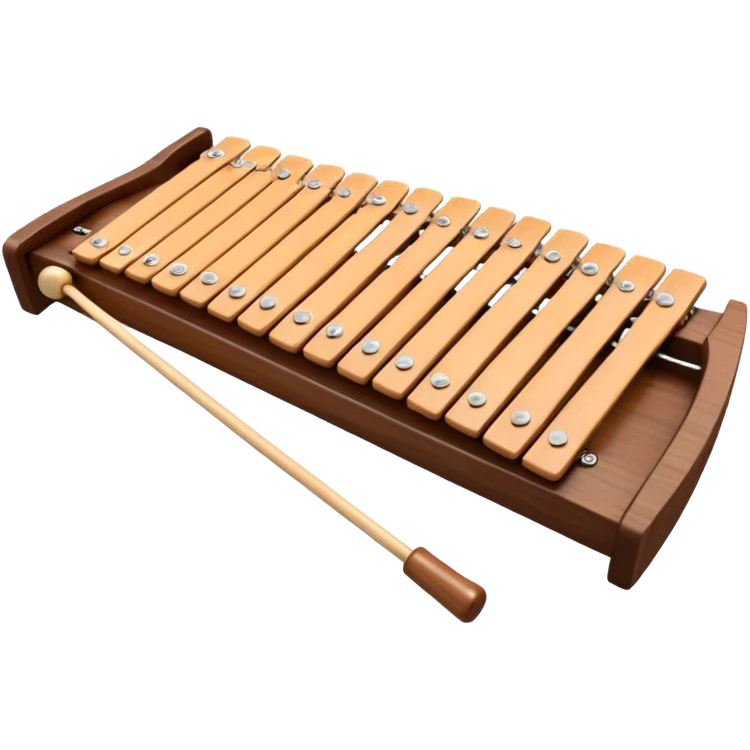 Create a vibrant and detailed emoji representing a Fleet FLT-SX37 xylophone. The design should feature the sleek wooden keys of the xylophone, arranged neatly on the frame, with metal bars clearly visible. Add the mallets placed beside the instrument or in motion, highlighting their soft rubber heads. Use warm, natural wood tones for the keys, with subtle metallic accents to reflect the professional quality of the instrument. Add small musical notes or soundwaves around the xylophone to evoke its bright, percussive sound. The background should be transparent. emoji