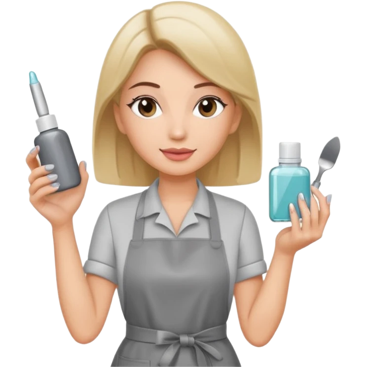female nail master in grey apron with small gel polish in one hand and nail file in other  emoji