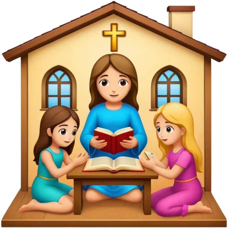 Devotional Christ with girls  in house reading emoji