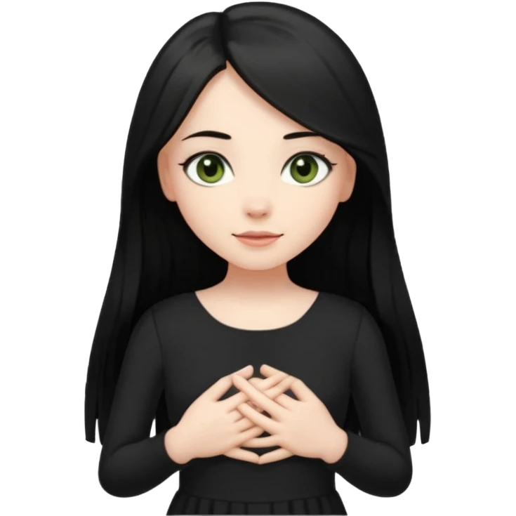Pale girl with long black hair and olive green eyes soft smile wearing black dress and holding hands over her chest emoji