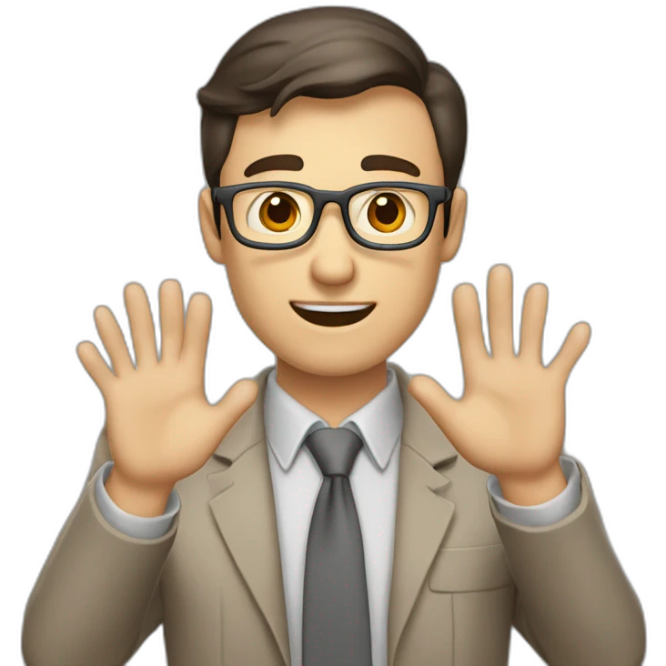 To belt Actively gesturing with hands Pale skinned fit man teacher with dark brown hair in gray jacket, beige office shirt, brown tie, brown pants and vintage glasses. emoji