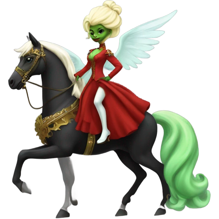"galora green blonde alien woman" in red Victorian elegant dress, full body, rides winged horse
NO WOKE
 emoji