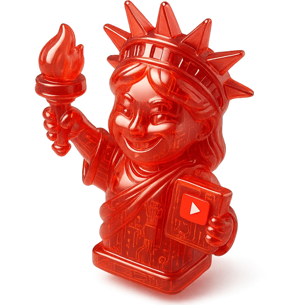 red Statue of Liberty with a playful sarcastic grin, red YouTube play button, glossy circuit style emoji