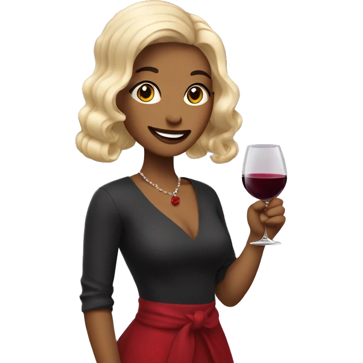 a smiile emoji , wear hair extension, wine glass in her hand, wear red lipstick emoji