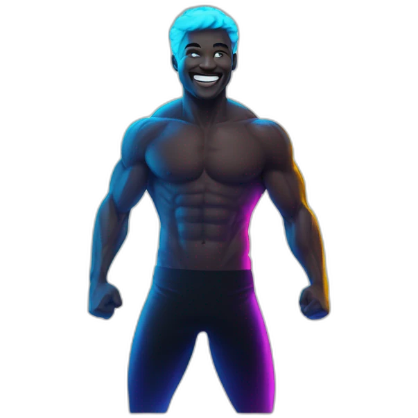 Fit, playful emoji-man with vivid neon glow, exuding a cheerful aura, and strong, lively posture.”  emoji