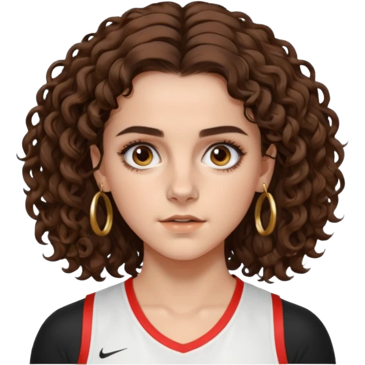 very beautiful italian girl, dark brown eyes, looking like Emma Watson, with curly and big volume very bright brown hair, and a golden piercing ring in nose on left side, doing sports

 emoji