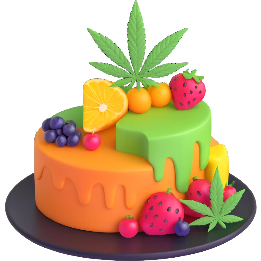 colorful frosted fruit cake with cannabis leaf on a plate emoji