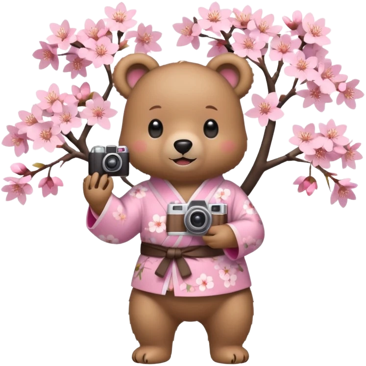 A cute light-brown bear wearing a pastel pink sakura-patterned kimono, normal balanced body ratio.  
Standing under a blooming sakura tree, holding a small camera and taking a picture with a happy smile.  
Kawaii emoji style, minimalistic clean sticker illustration, simple scenic background.
 emoji
