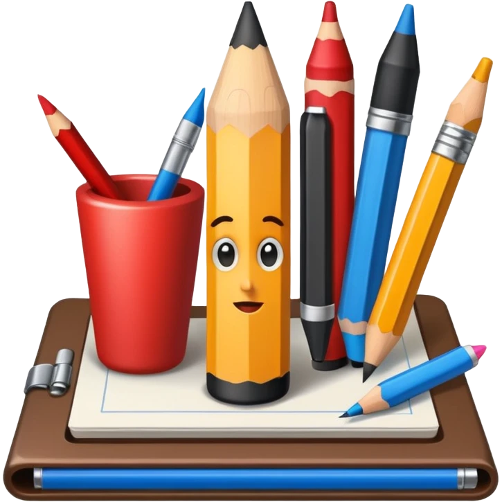 vibrant and detailed icon symbolizing cartooning. The design should feature elements like a pencil, a sketchpad with exaggerated caricatured faces or figures and artistic tools like ink bottles or markers. Use bold, bright colors to reflect the playful of caricature art. transparent background emoji